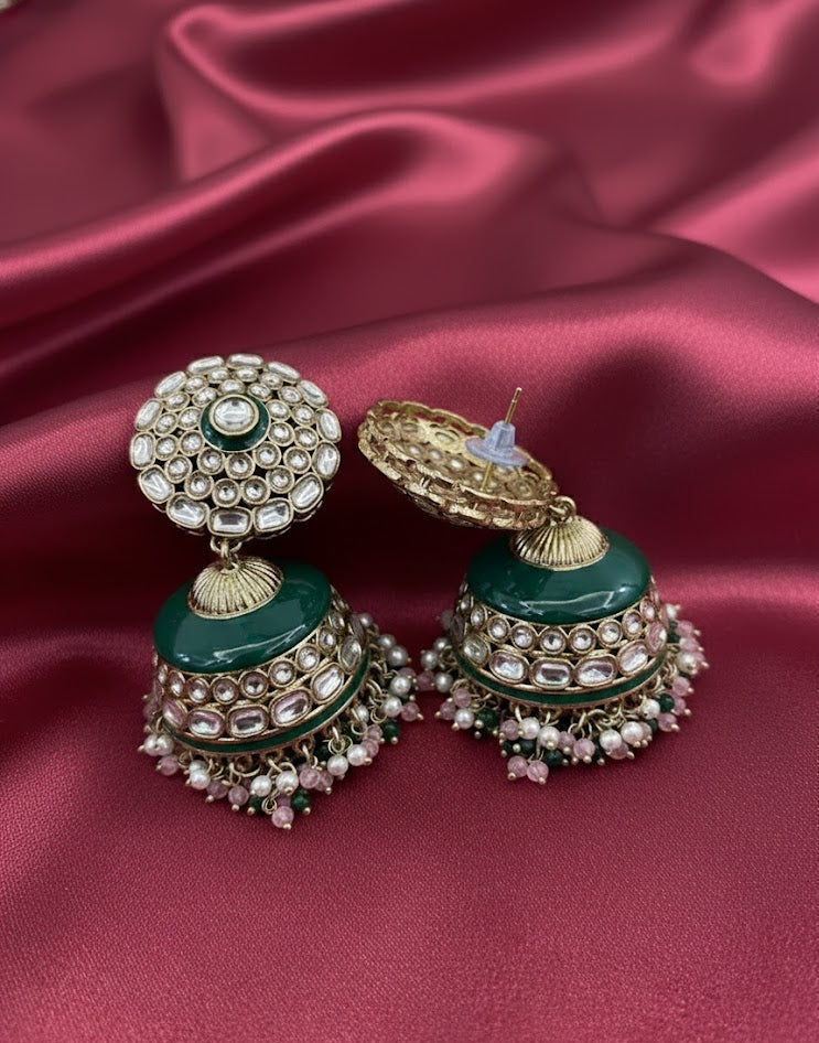 Regal Kundan Jhumka Earrings with Emerald Enamel & Pearl Drops - Green Pink