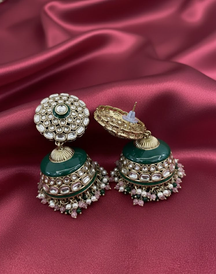 Regal Kundan Jhumka Earrings with Emerald Enamel & Pearl Drops - Rani Green