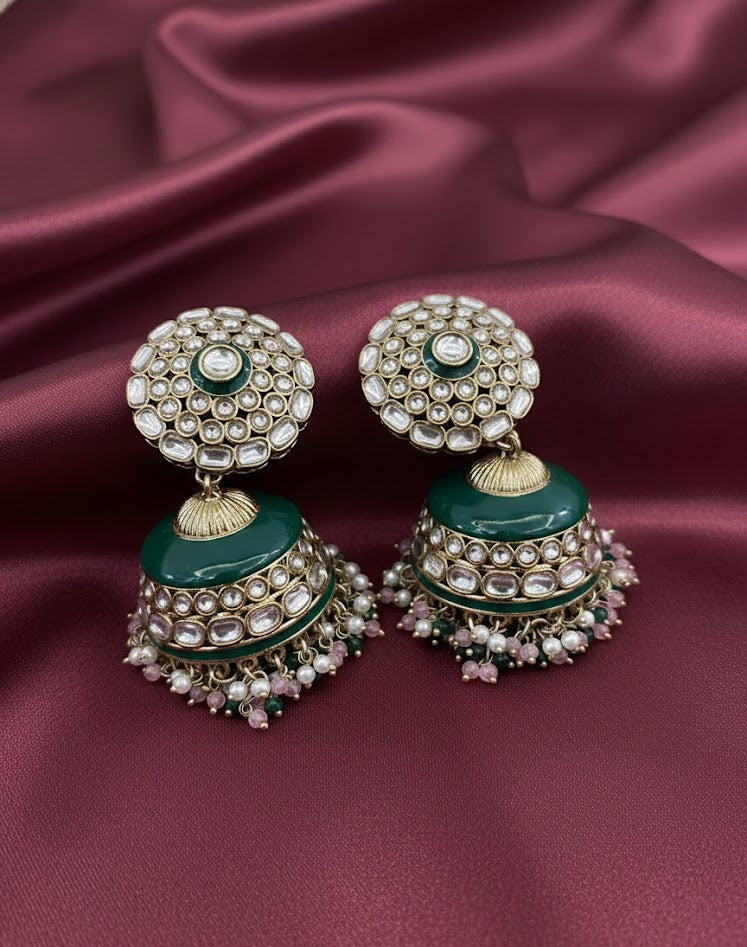 Regal Kundan Jhumka Earrings with Emerald Enamel & Pearl Drops - Rani Green