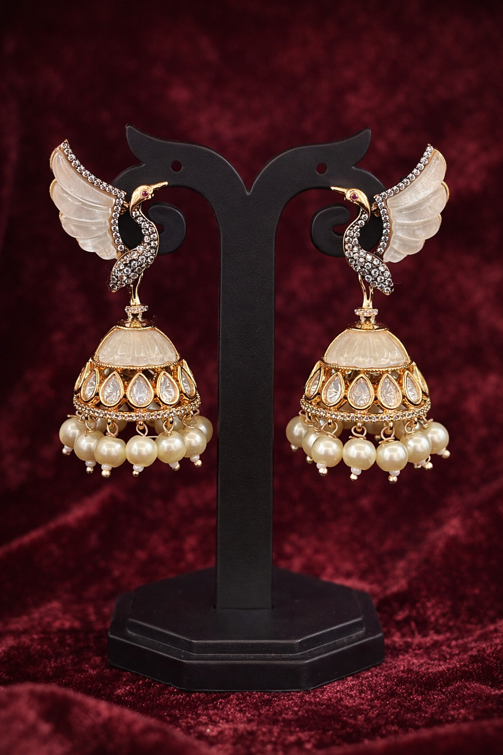 The Royal Hansa: Carved Polki & Pearl Jhumkas - White