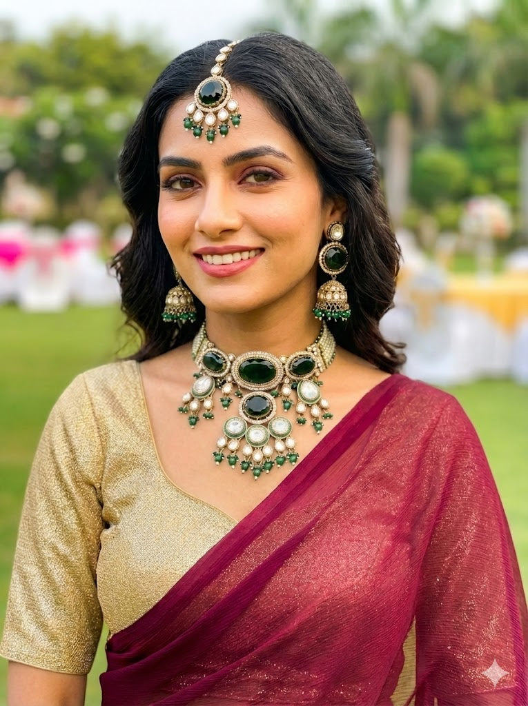 The Jahanara Royal Emerald Green & Pearl Choker Set