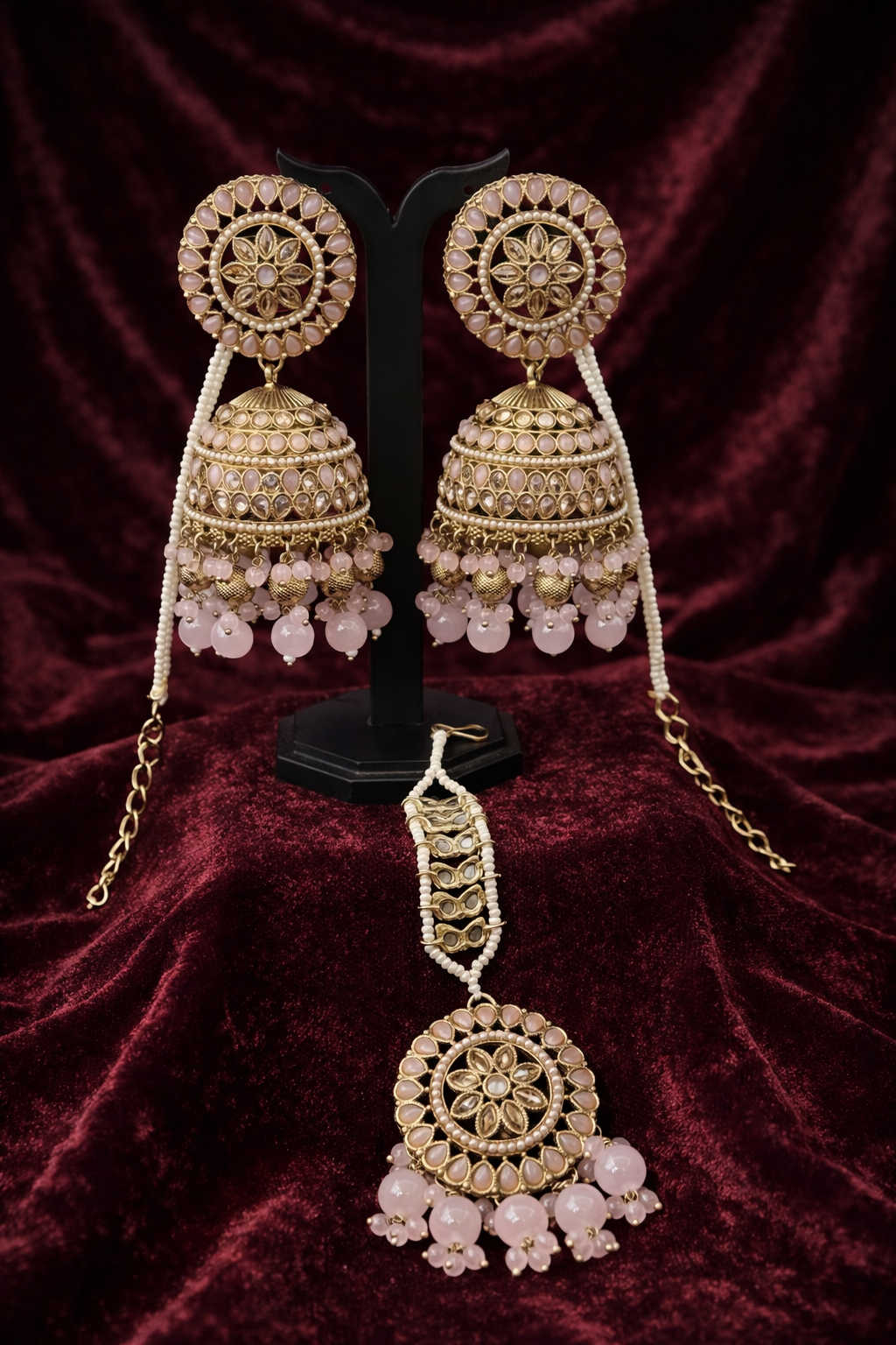 Gul-e-Noor Pastel Pink Kaan-Chain Jhumka & Maang Tikka Set