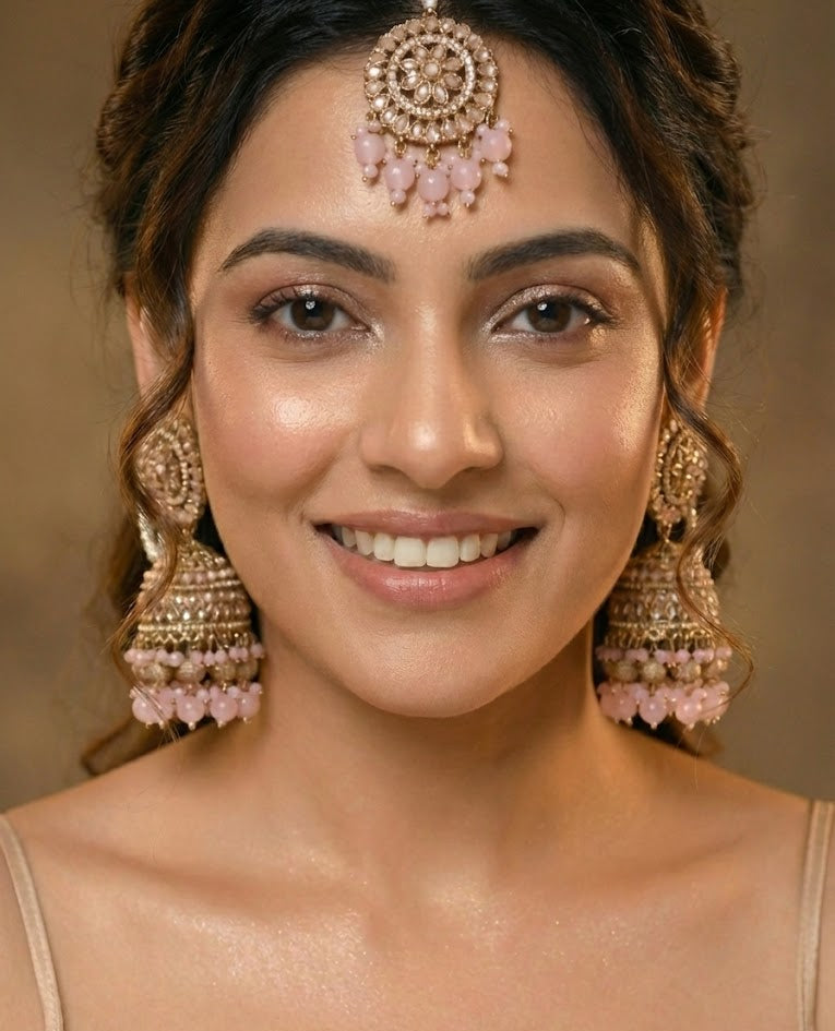 Gul-e-Noor Pastel Pink Kaan-Chain Jhumka & Maang Tikka Set
