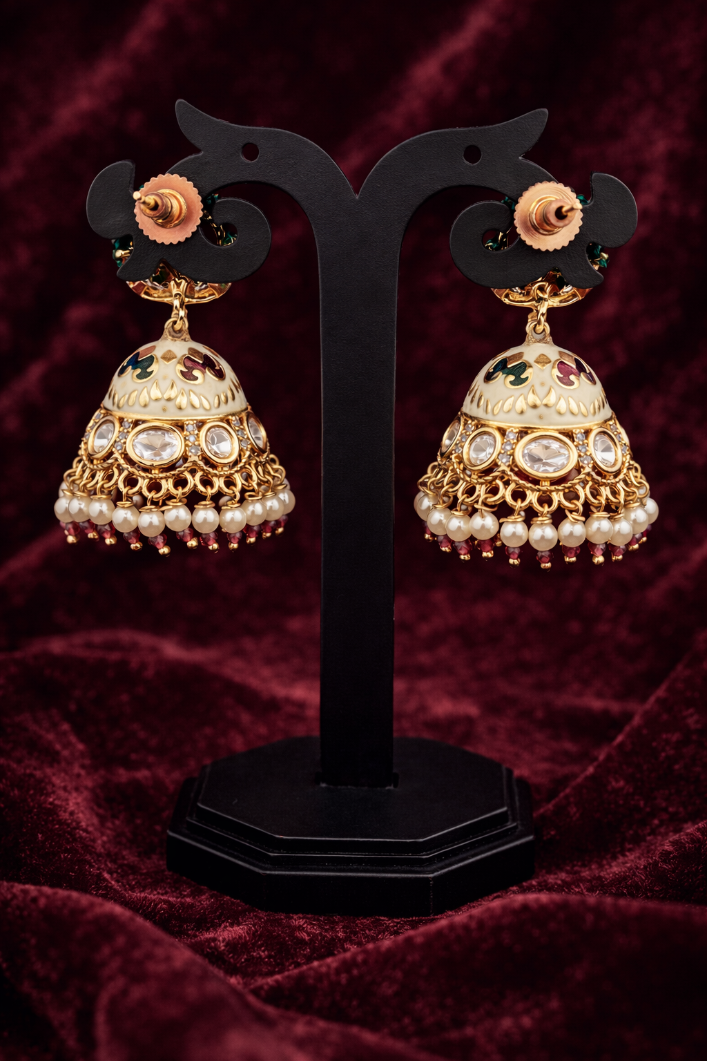 The Emerald Green Lotus Jhumkas | Meenakari & Pearl Drops