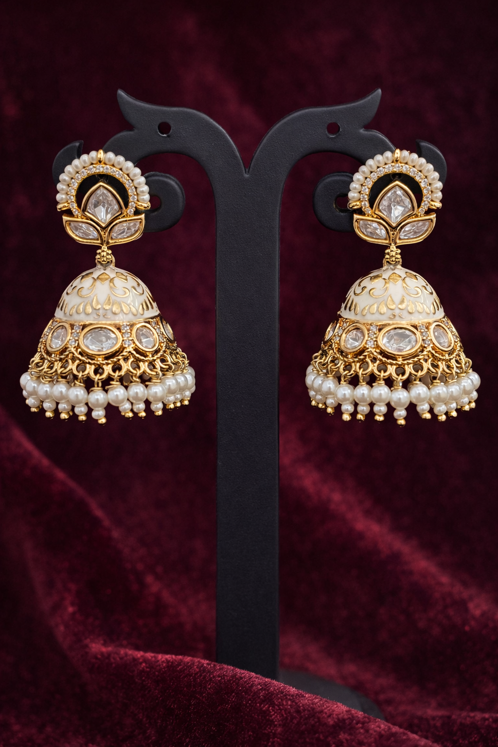 The Ivory Lotus Jhumkas | Meenakari & Pearl Drops