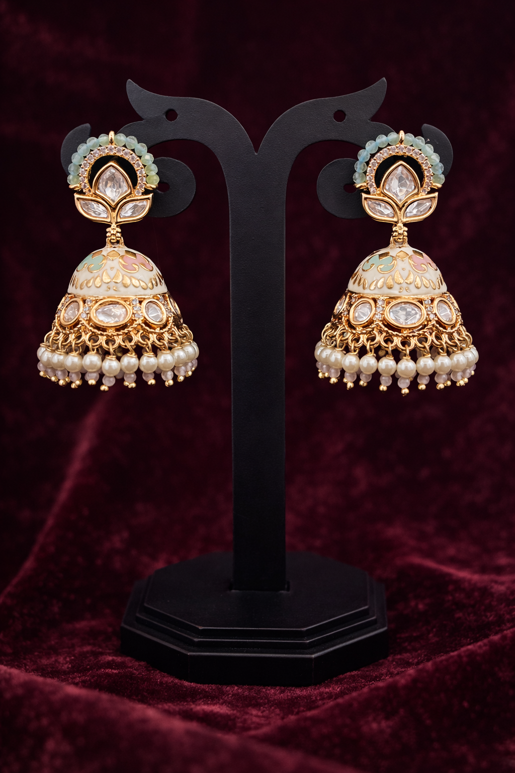The Mint & Pink Lotus Jhumkas | Meenakari & Pearl Drops
