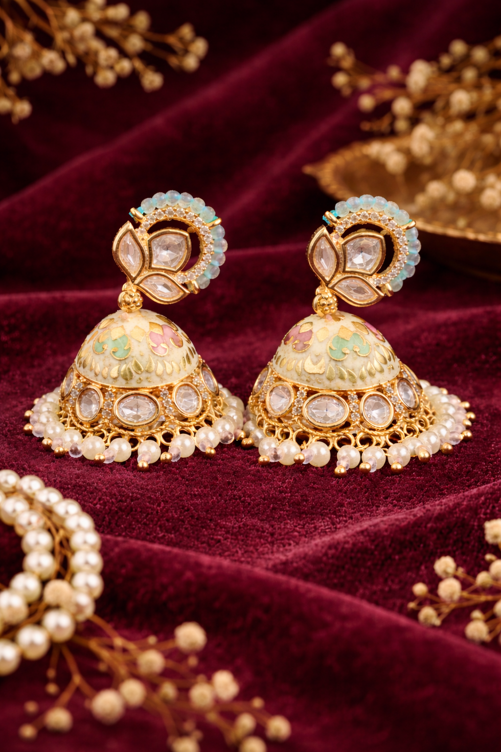 The Mint & Pink Lotus Jhumkas | Meenakari & Pearl Drops
