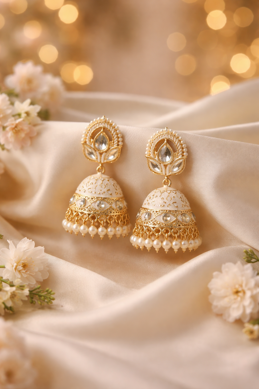 The Ivory Lotus Jhumkas | Meenakari & Pearl Drops