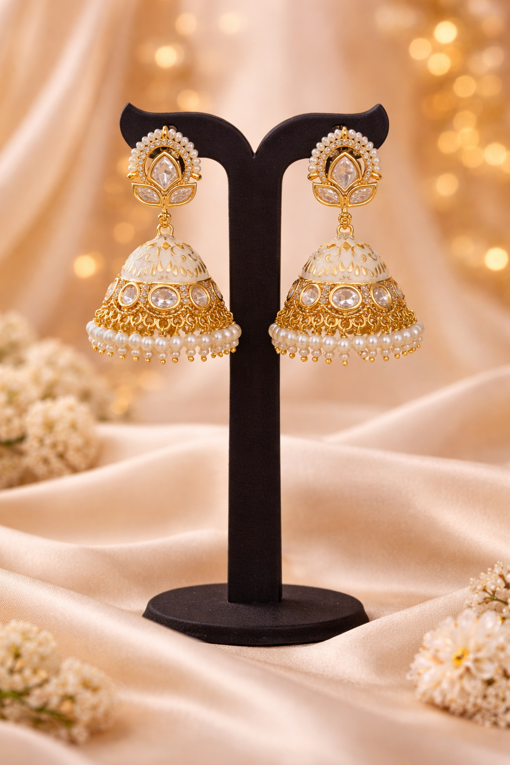 The Ivory Lotus Jhumkas | Meenakari & Pearl Drops