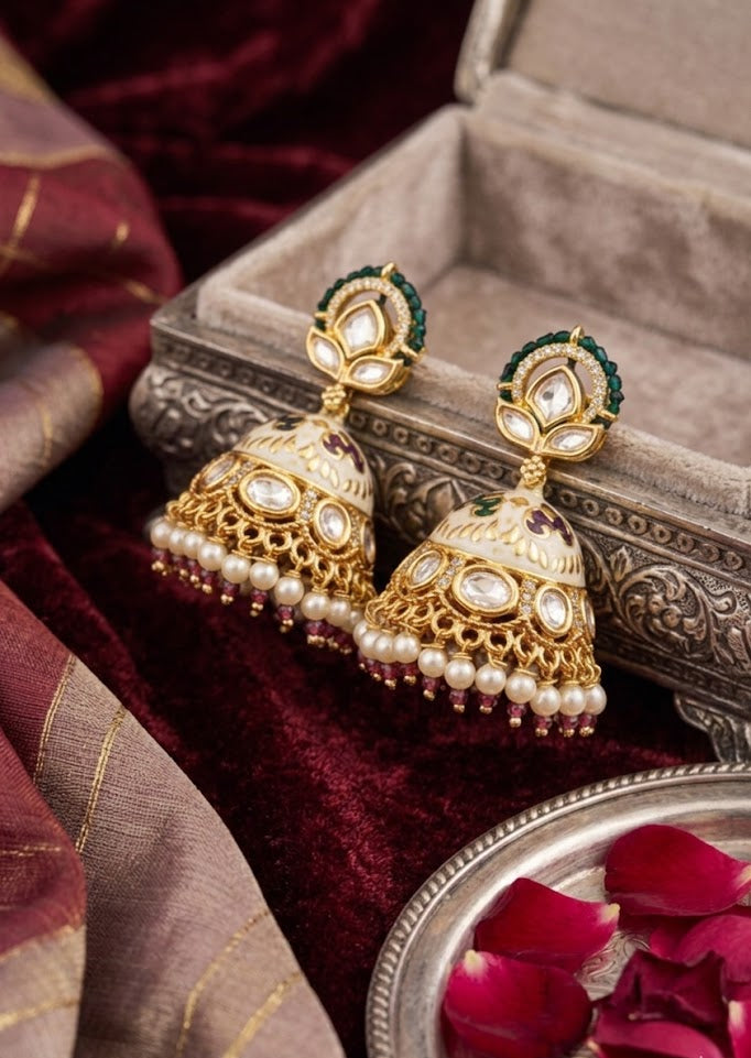 The Emerald Green Lotus Jhumkas | Meenakari & Pearl Drops