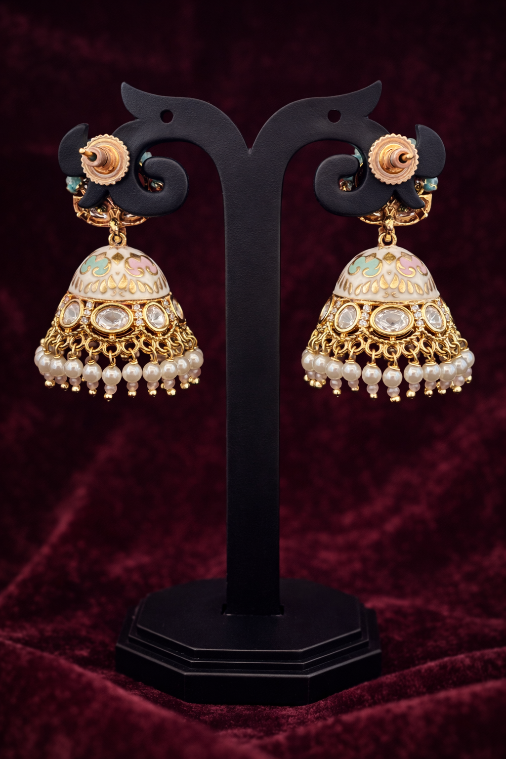 The Mint & Pink Lotus Jhumkas | Meenakari & Pearl Drops
