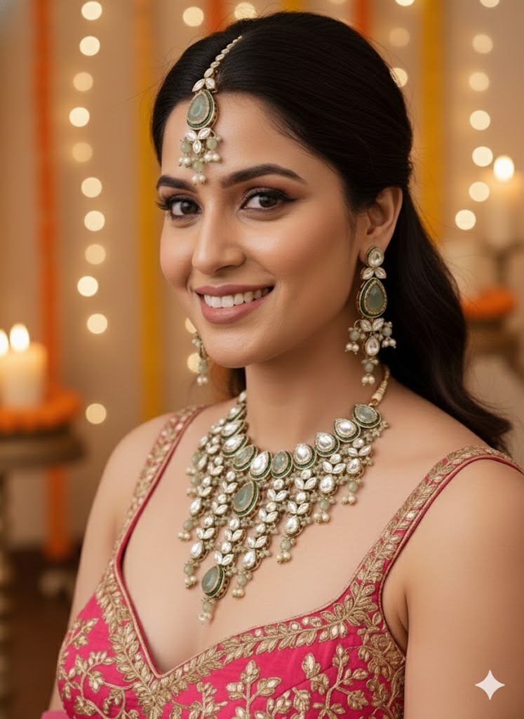 The Maharani’s Garden - Mint Green Kundan Floral Bib Necklace Set with Pearl Accents