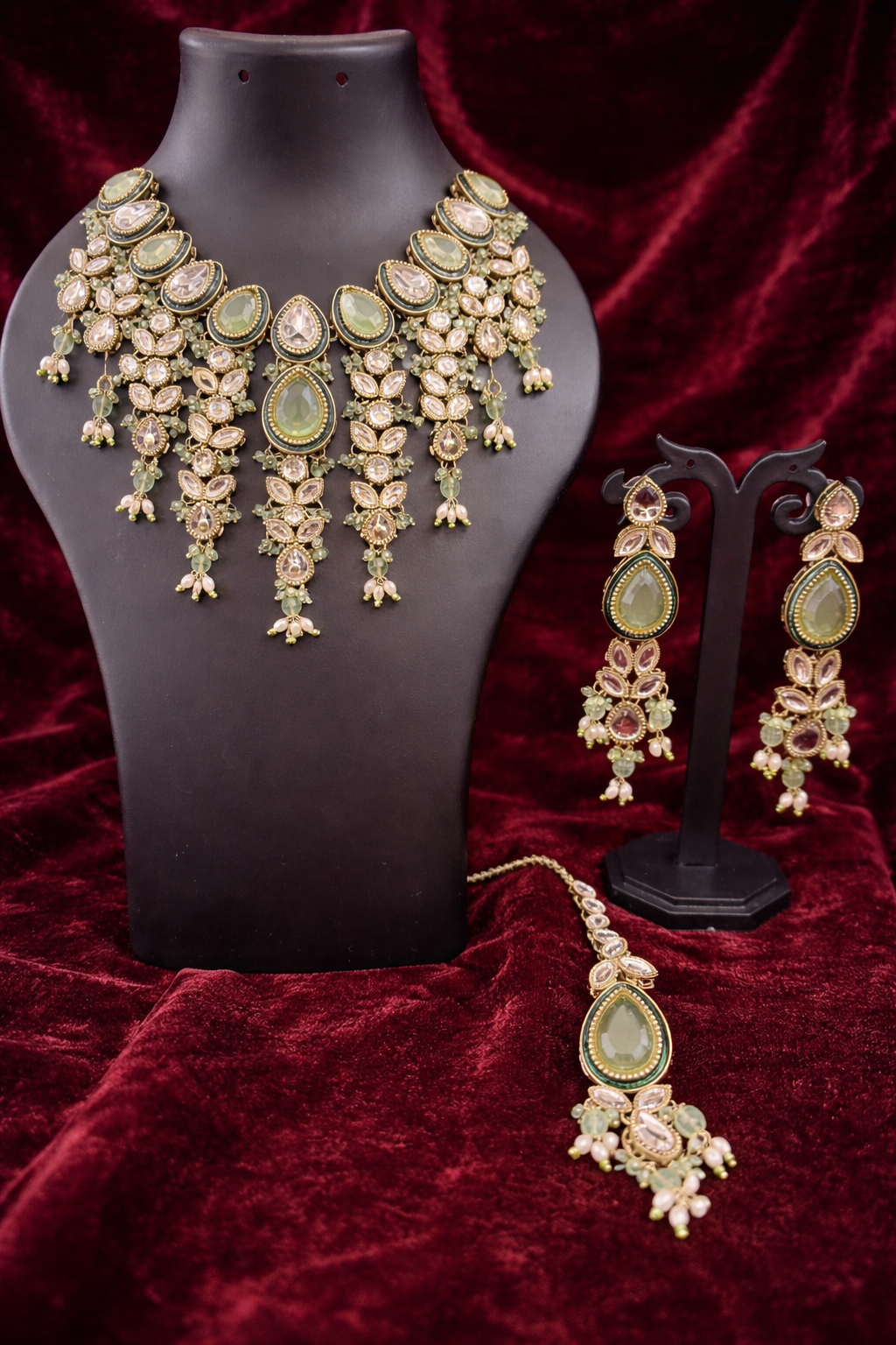 The Maharani’s Garden - Mint Green Kundan Floral Bib Necklace Set with Pearl Accents