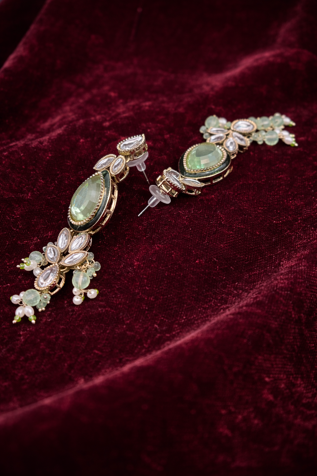 The Maharani’s Garden - Mint Green Kundan Floral Bib Necklace Set with Pearl Accents