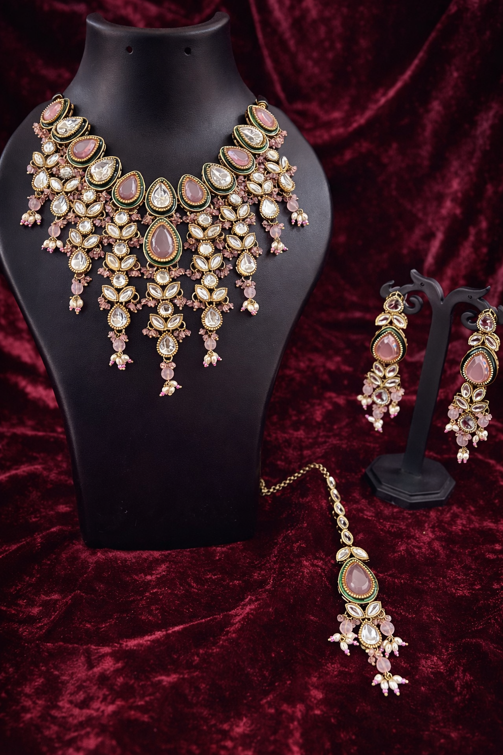 The Maharani’s Garden - Blush Pink Kundan Floral Bib Necklace Set with Pearl Accents
