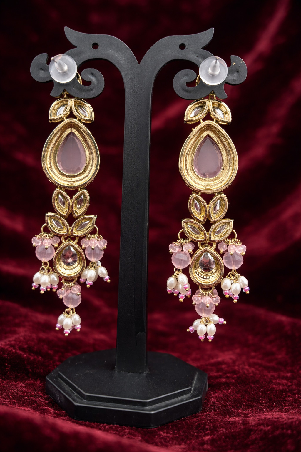 The Maharani’s Garden - Blush Pink Kundan Floral Bib Necklace Set with Pearl Accents