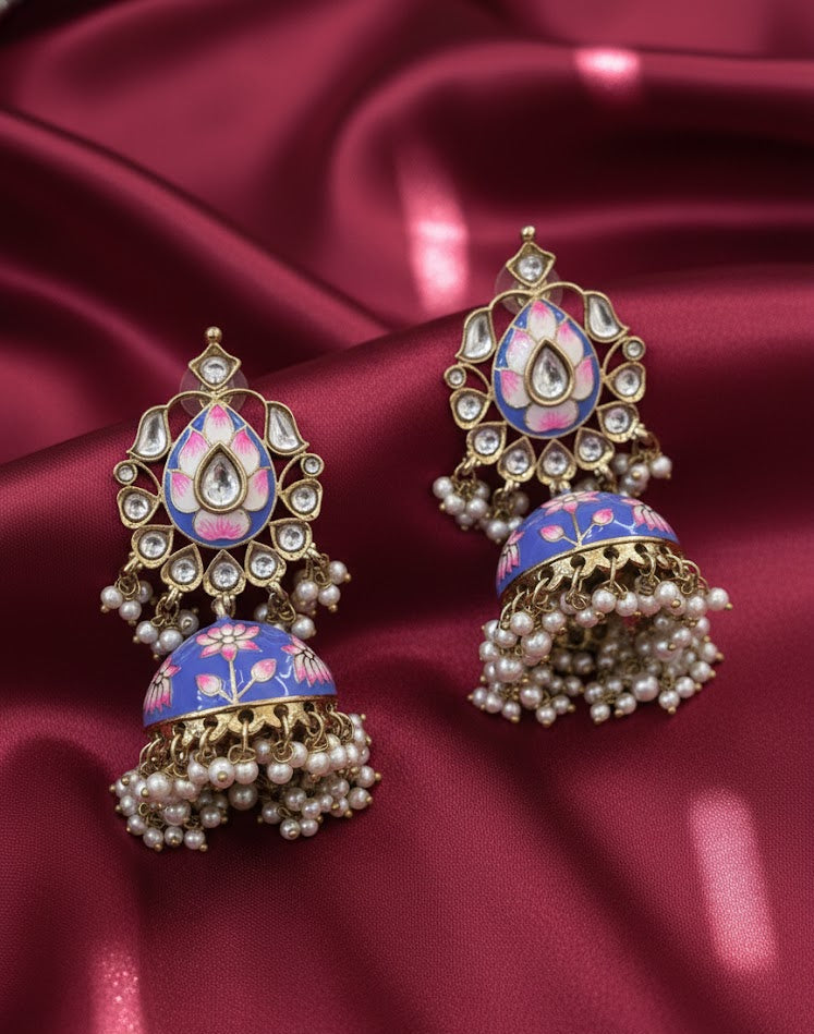 Gulmarg Rosé Floral Jhumka Earrings - Blue
