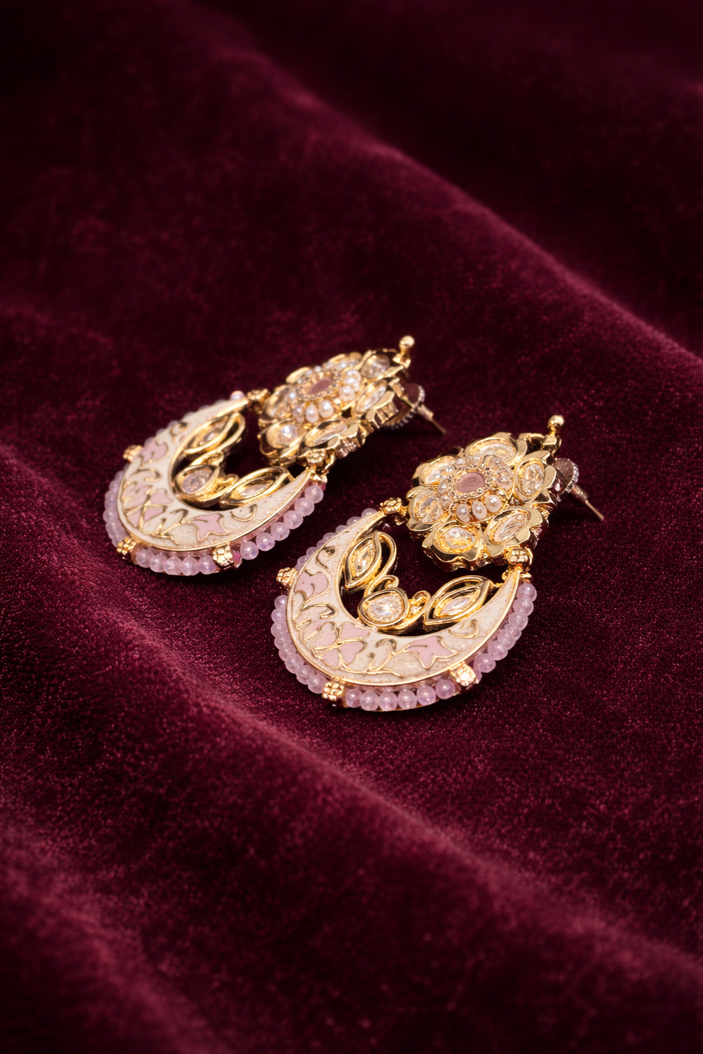 Blush Pink Meenakari & Kundan Chandbali Earrings