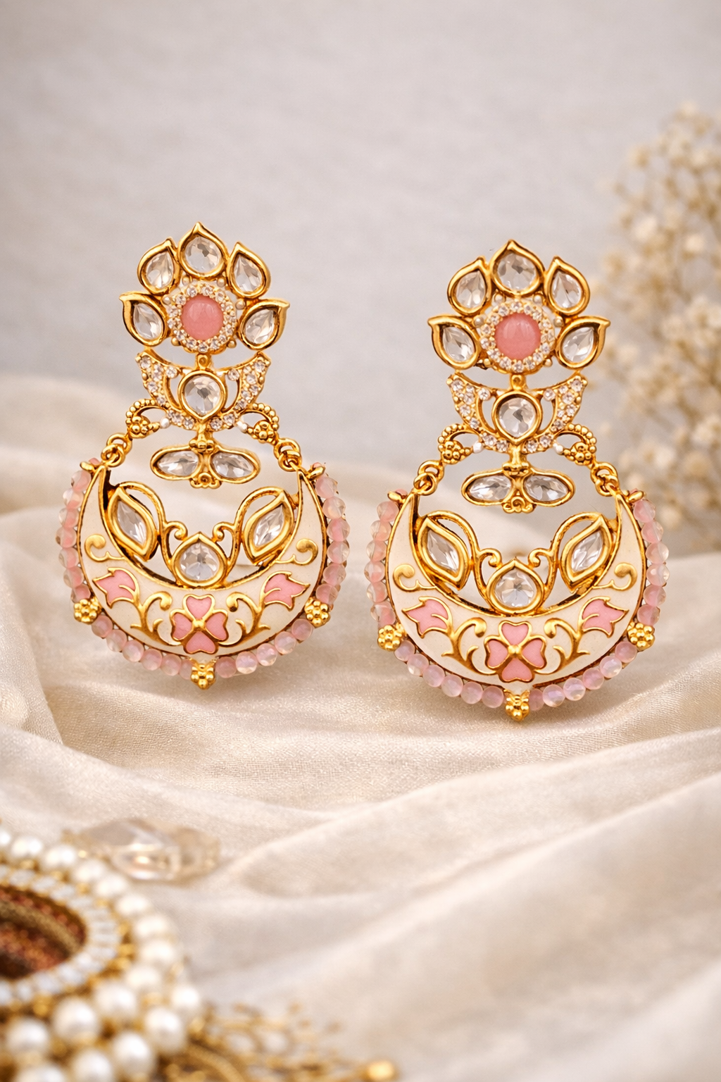 Blush Pink Meenakari & Kundan Chandbali Earrings