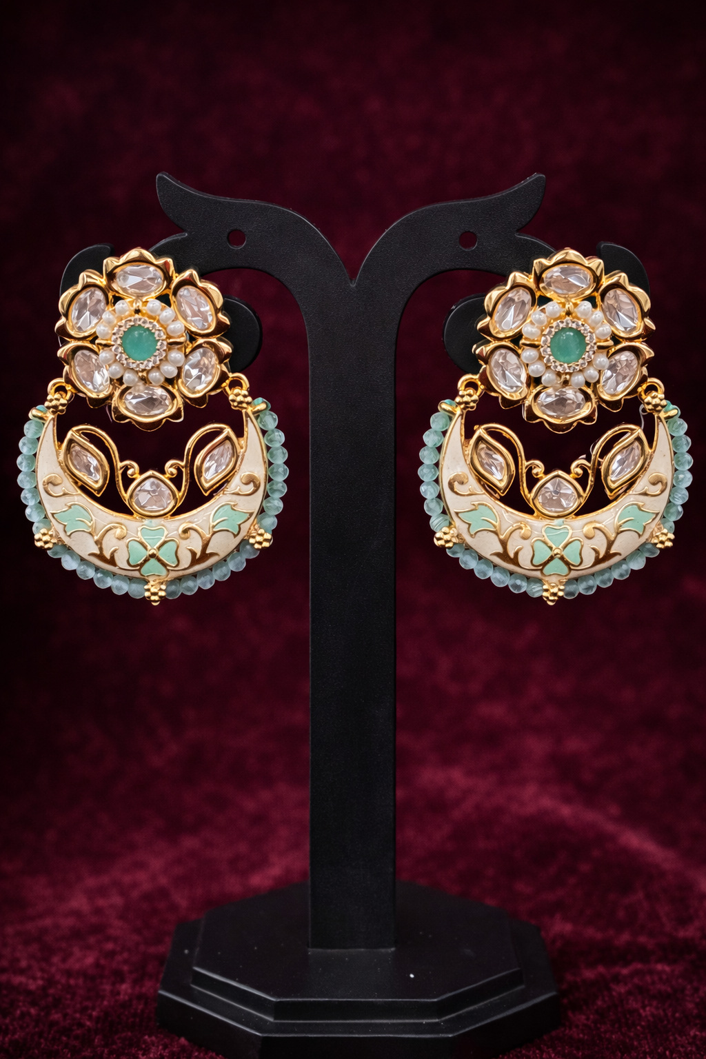 Mint Green Meenakari & Kundan Chandbali Earrings
