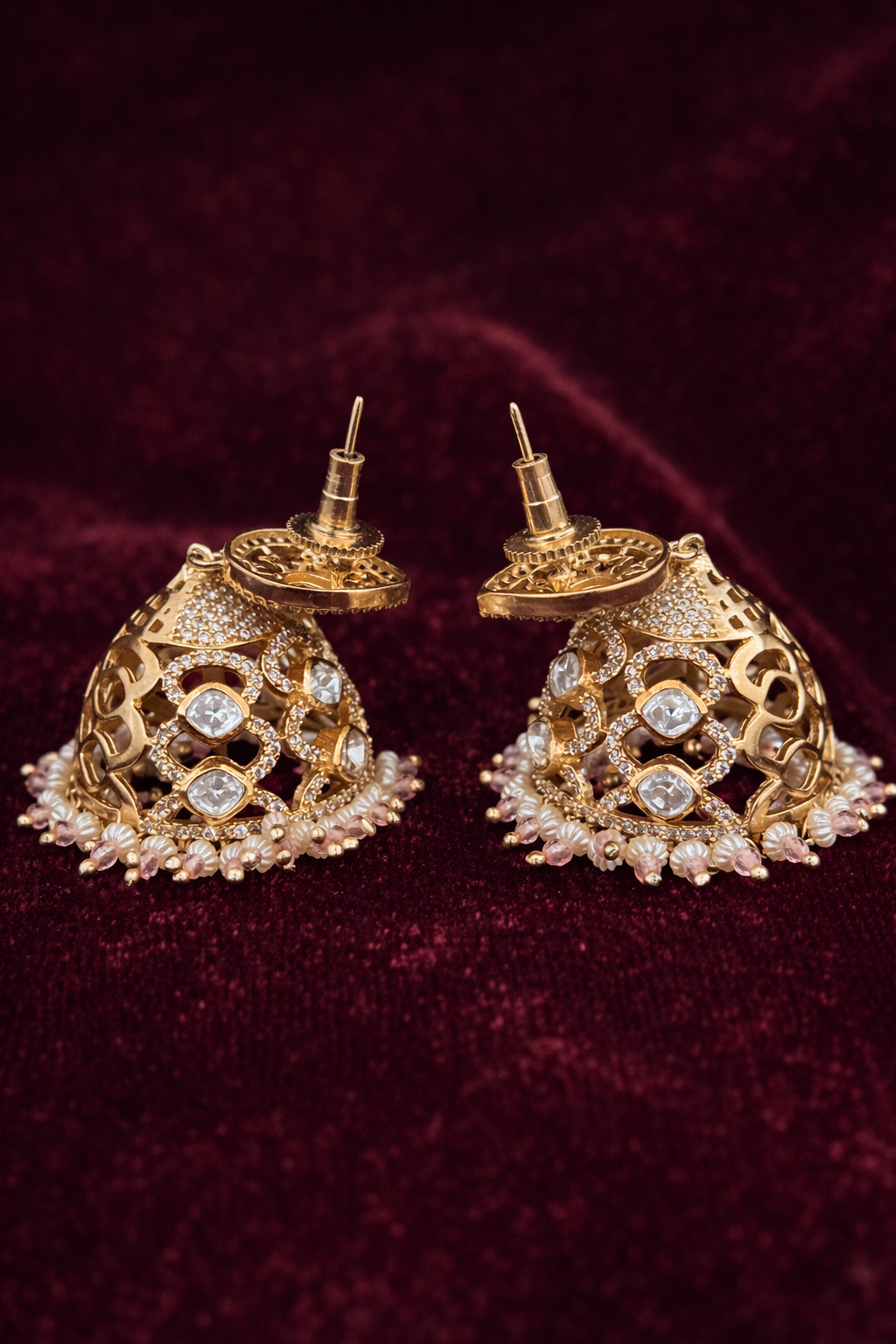 Opulent Kundan Filigree Jhumki - Pink