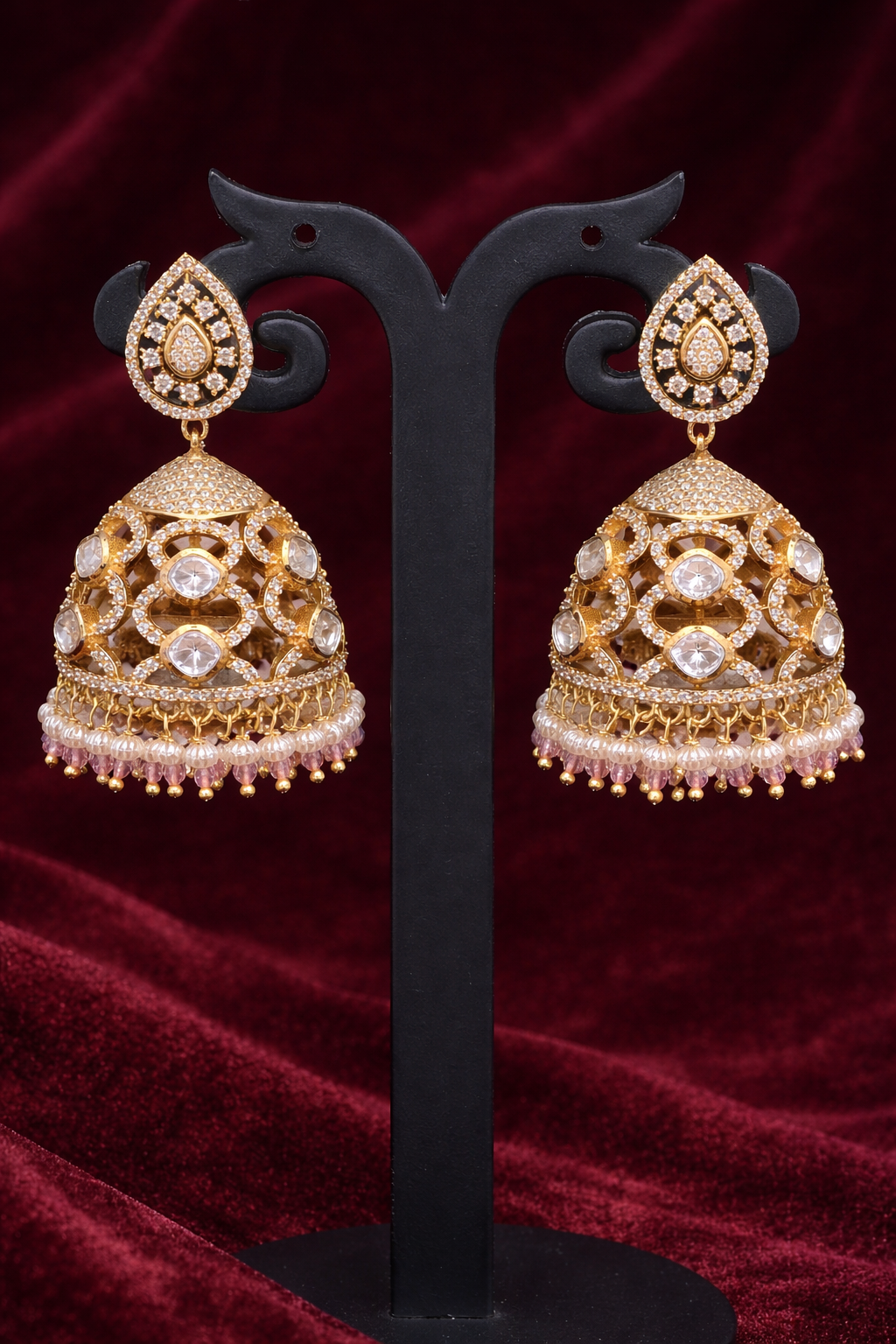 Opulent Kundan Filigree Jhumki - Pink