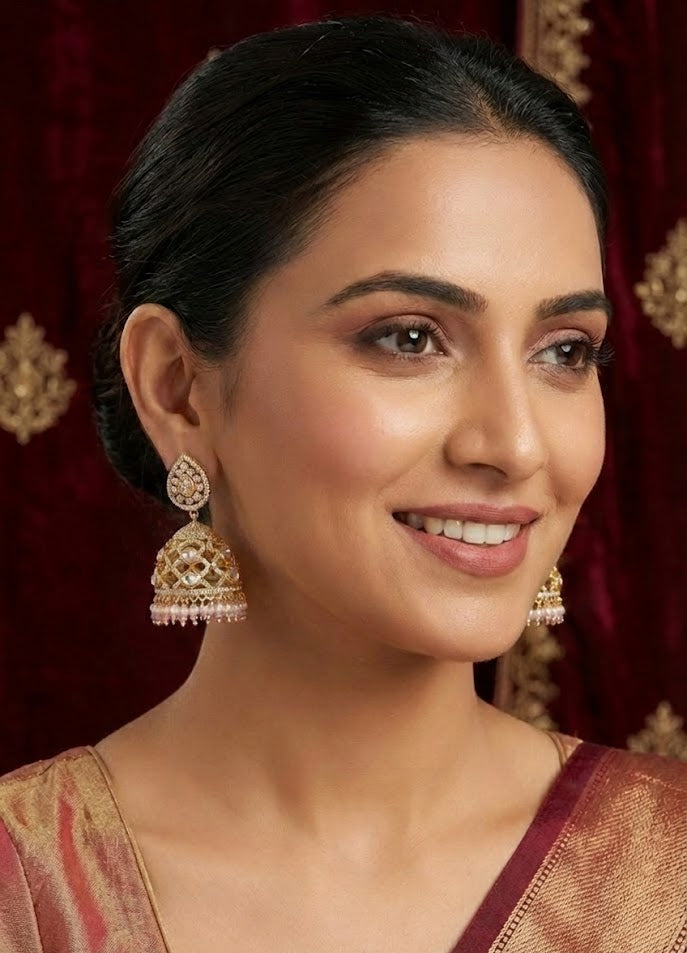 Opulent Kundan Filigree Jhumki - Pink