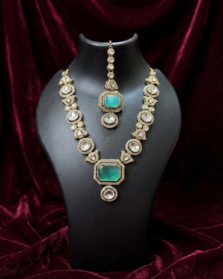The Aqua Blue Heritage Polki Necklace & Mang-Tika Set