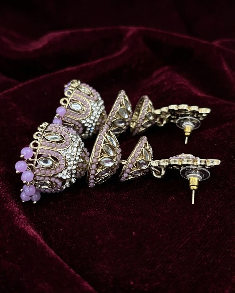 Blush Kundan Triple-Tier Jhumka Earrings - Pink