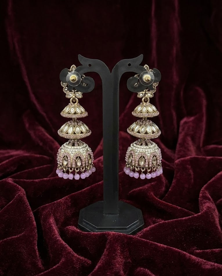 Blush Kundan Triple-Tier Jhumka Earrings - Pink