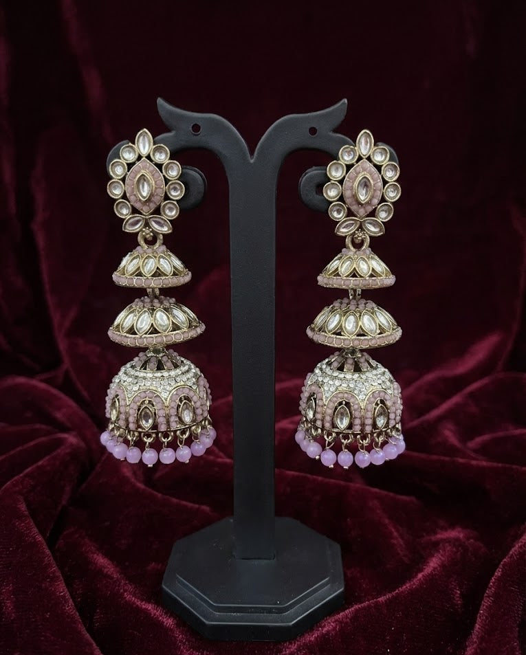 Blush Kundan Triple-Tier Jhumka Earrings - Pink