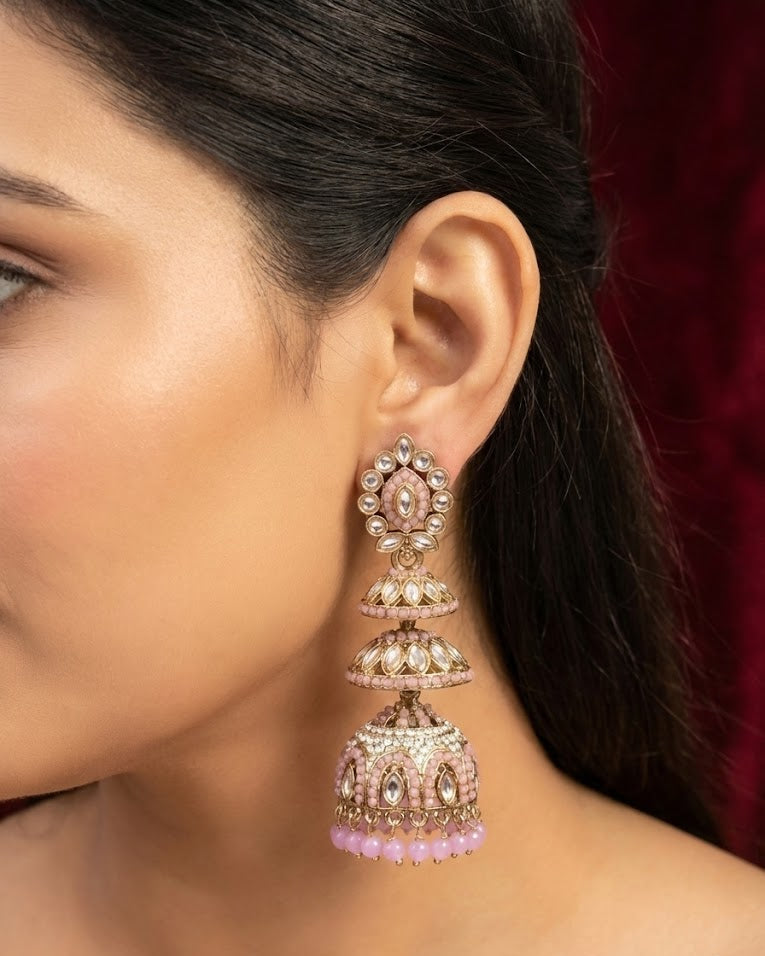 Blush Kundan Triple-Tier Jhumka Earrings - Pink