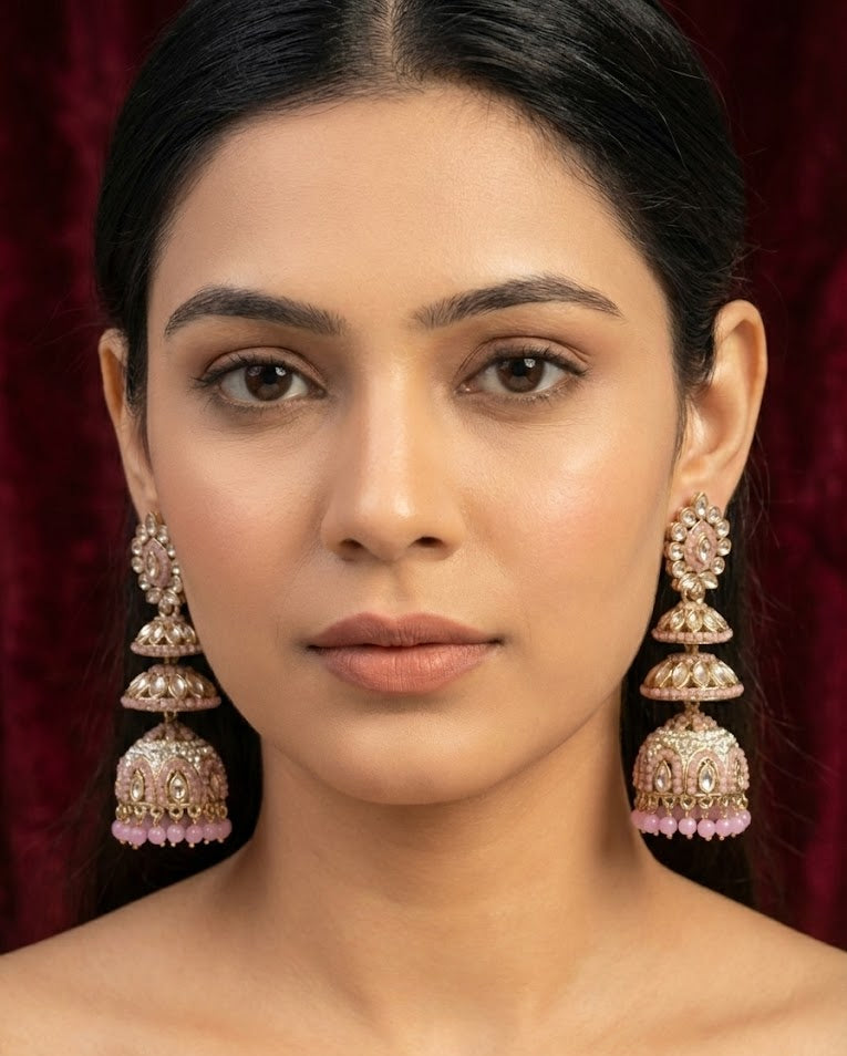 Blush Kundan Triple-Tier Jhumka Earrings - Pink
