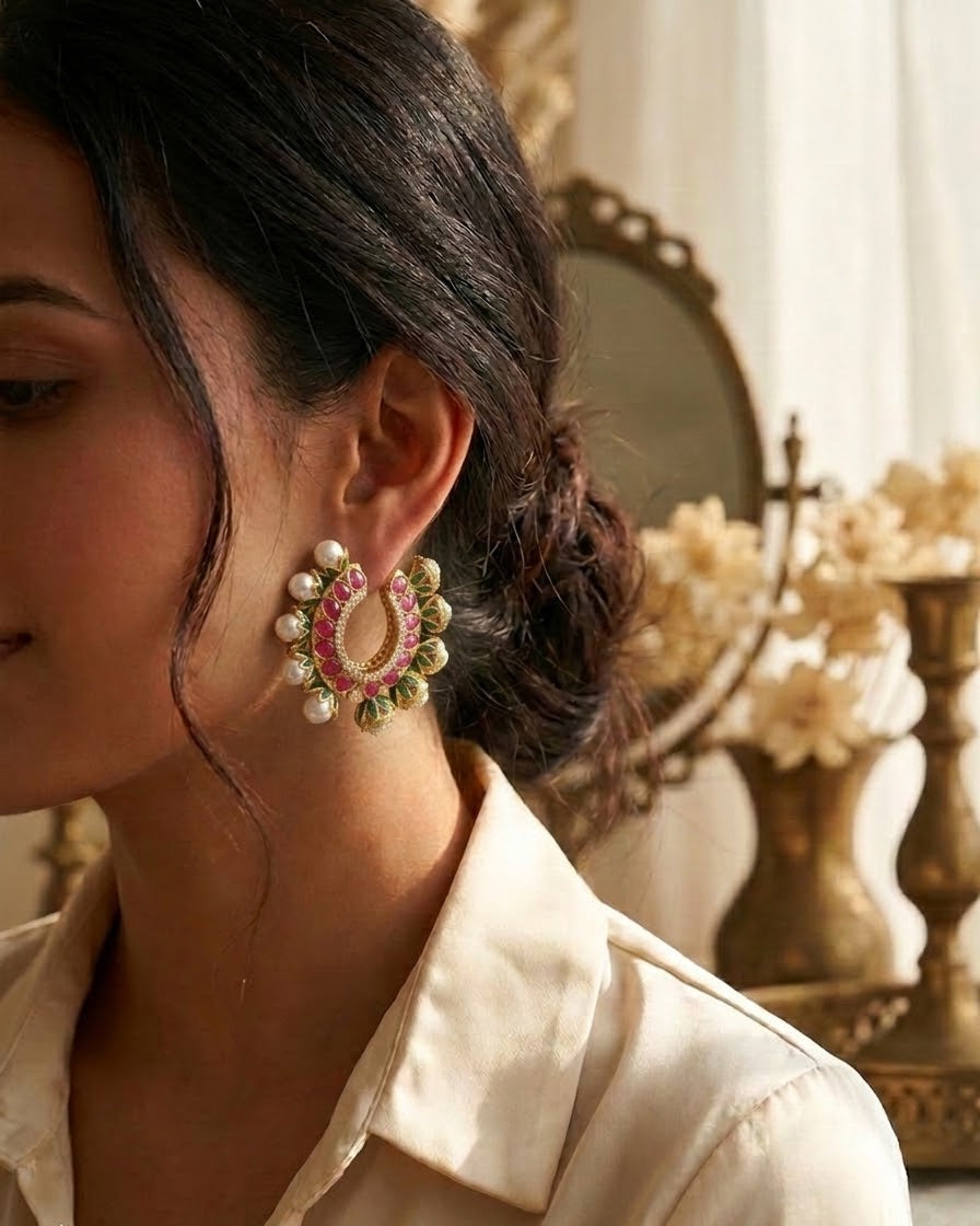 Gulmarg Floral Pearl Hoop Earrings - Emerald & Ruby