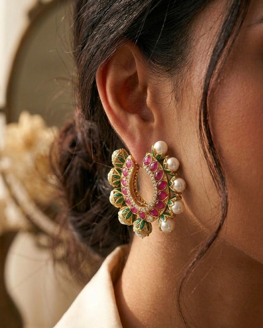 Gulmarg Floral Pearl Hoop Earrings - Emerald & Ruby