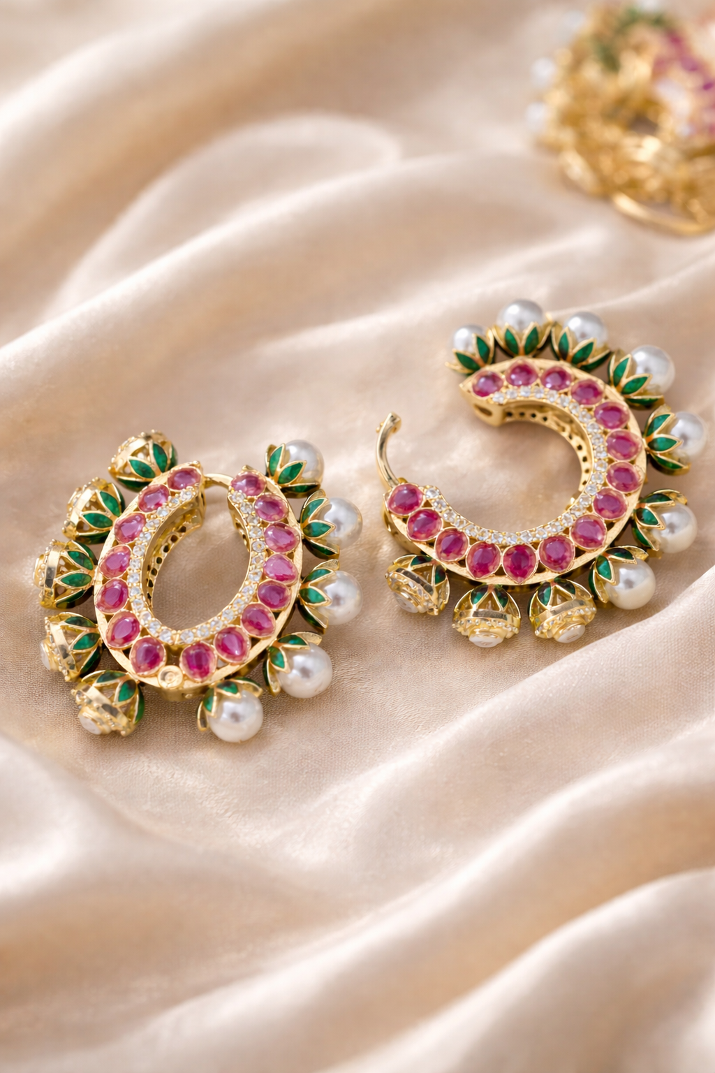 Gulmarg Floral Pearl Hoop Earrings - Emerald & Ruby
