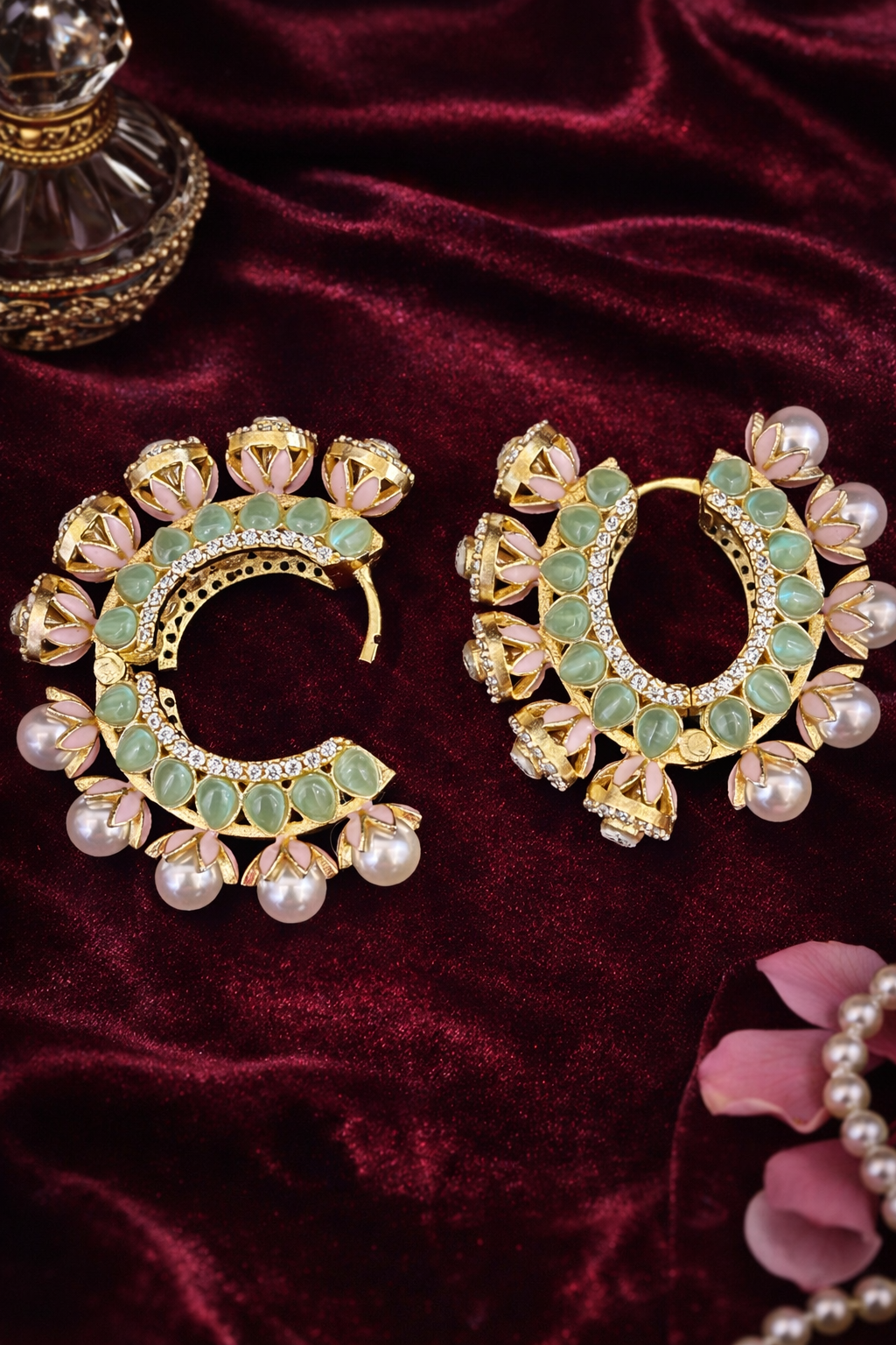 Gulmarg Floral Pearl Hoop Earrings - Mint Green