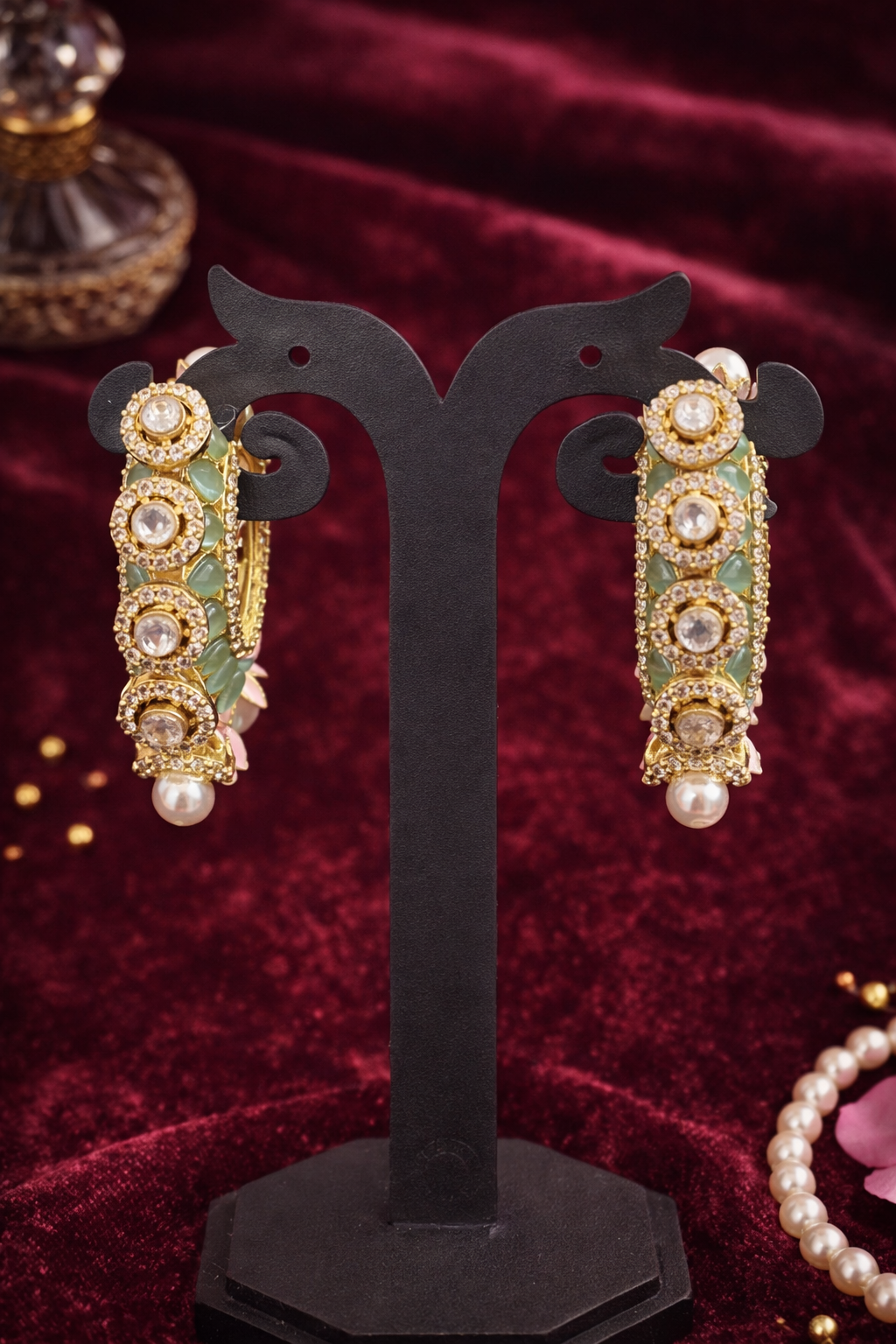 Gulmarg Floral Pearl Hoop Earrings - Mint Green