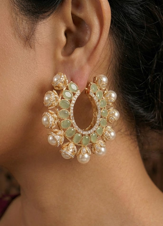 Gulmarg Floral Pearl Hoop Earrings - Mint Green