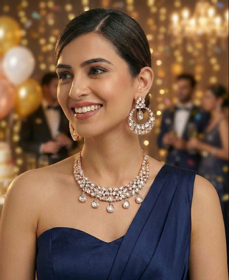 The Gulmarg Rose Gold Victorian Polki Necklace & Chandbali Set