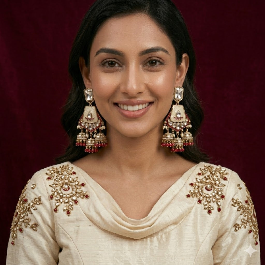 Ivory Ruby Kundan Jhumka Earrings