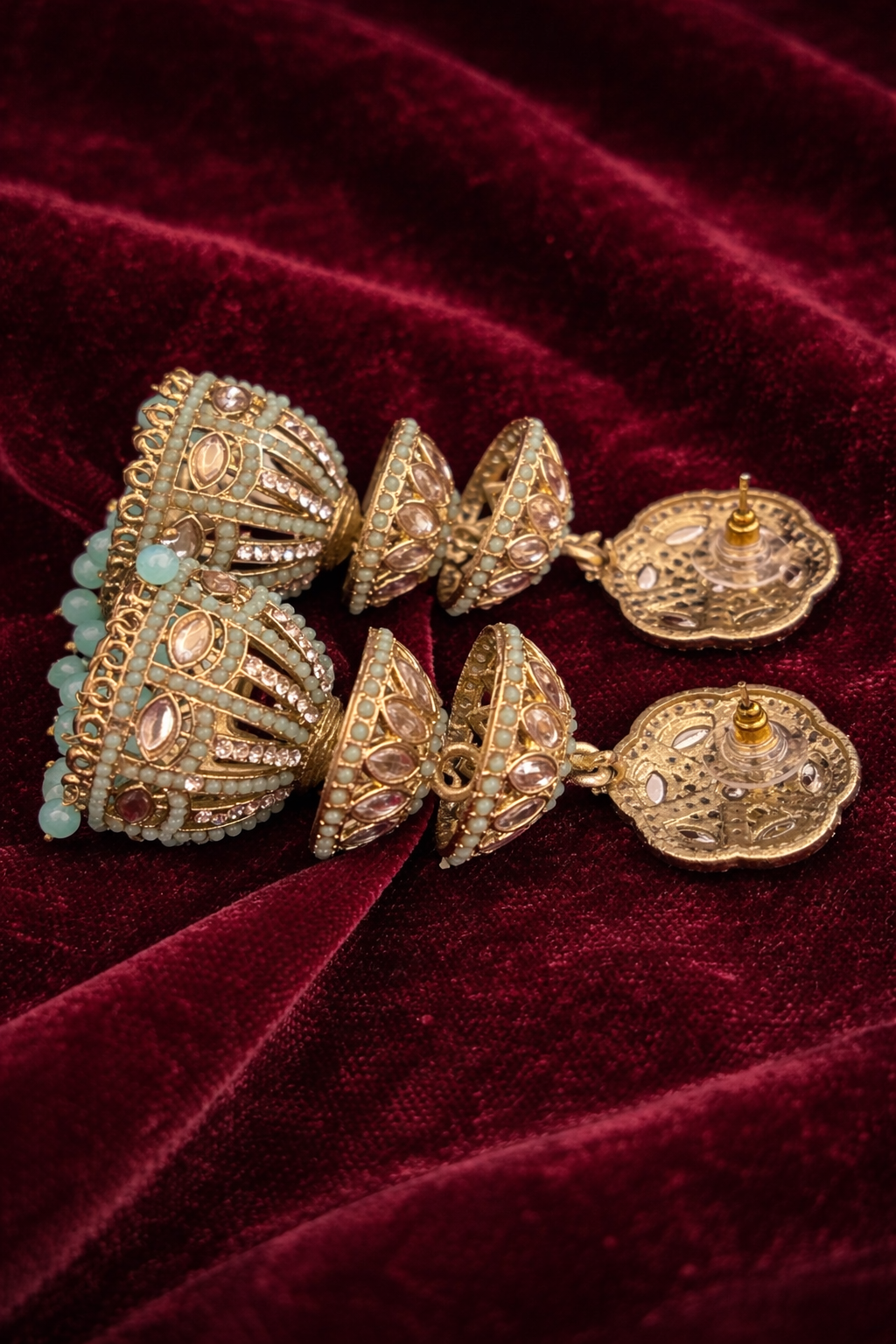 Mint Kundan Triple-Tier Jhumka Earrings - Aqua