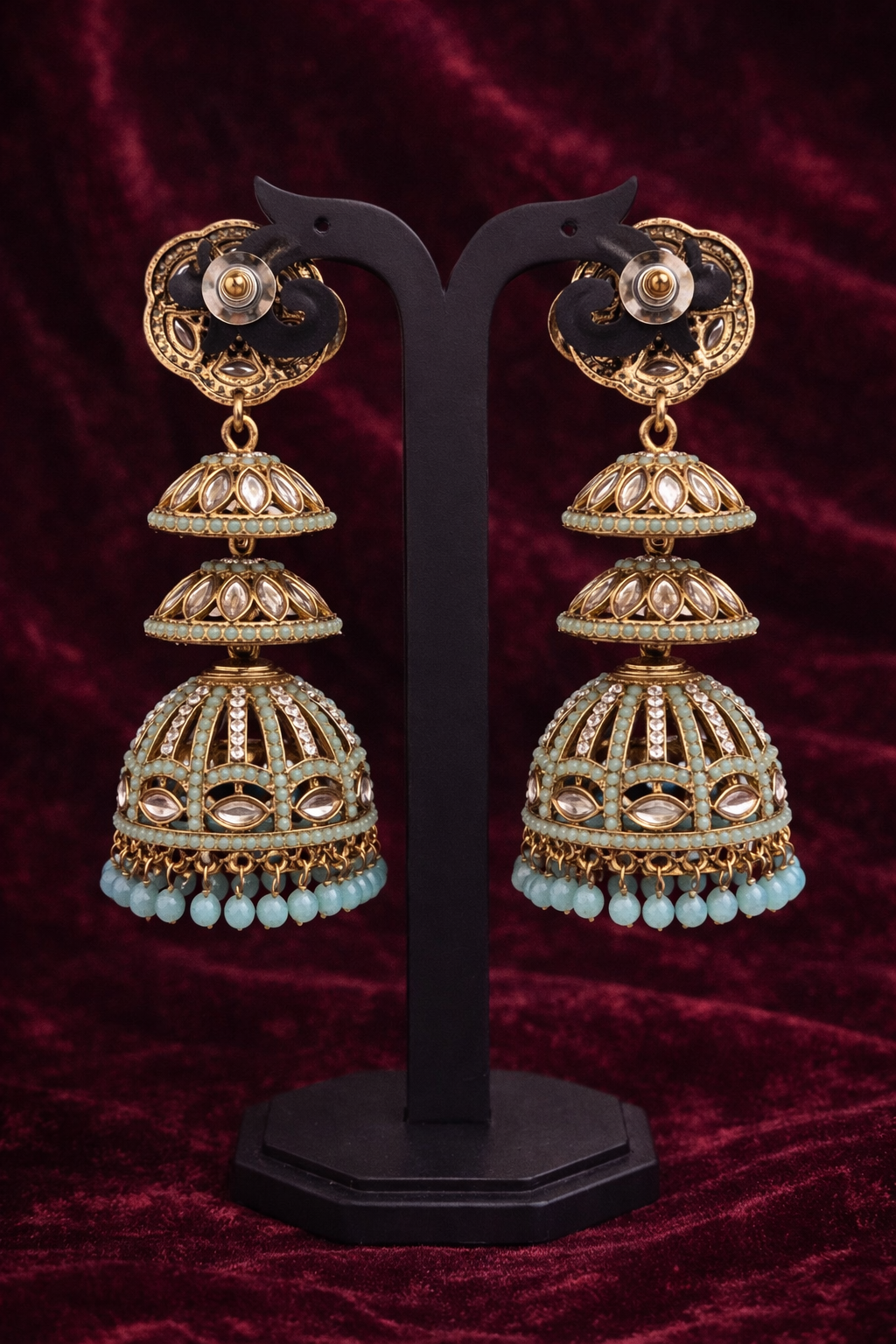 Mint Kundan Triple-Tier Jhumka Earrings - Aqua