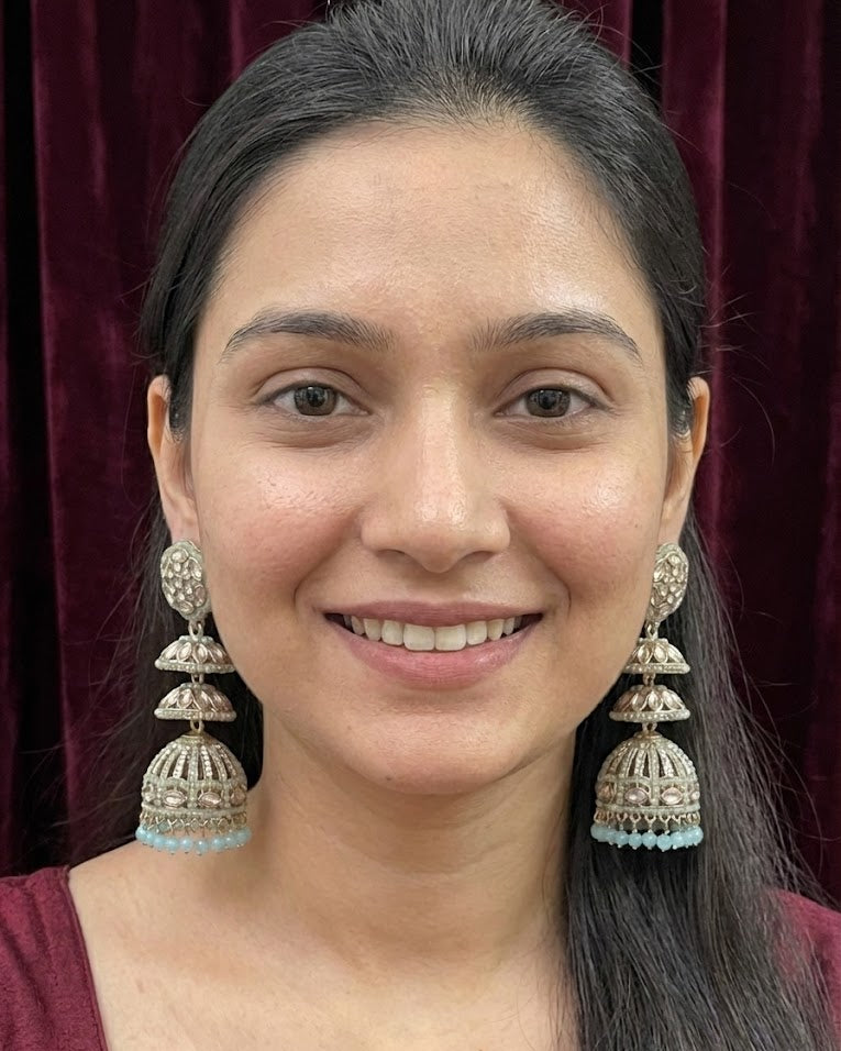 Mint Kundan Triple-Tier Jhumka Earrings - Aqua