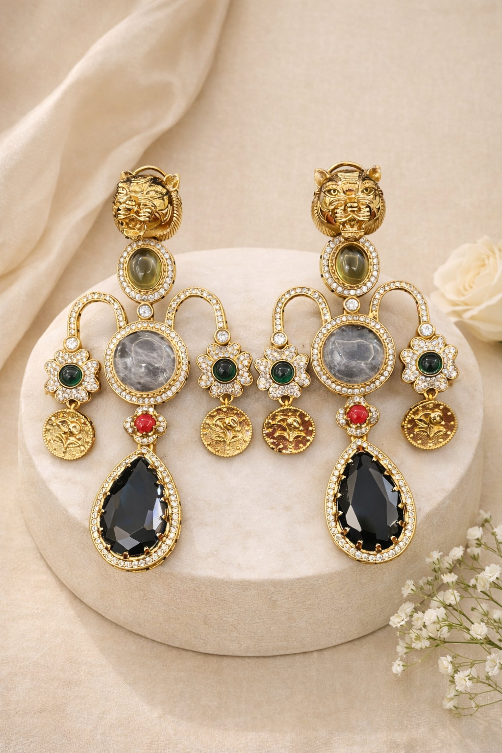 Regal Tiger Motif Statement Earrings - Royal Blue