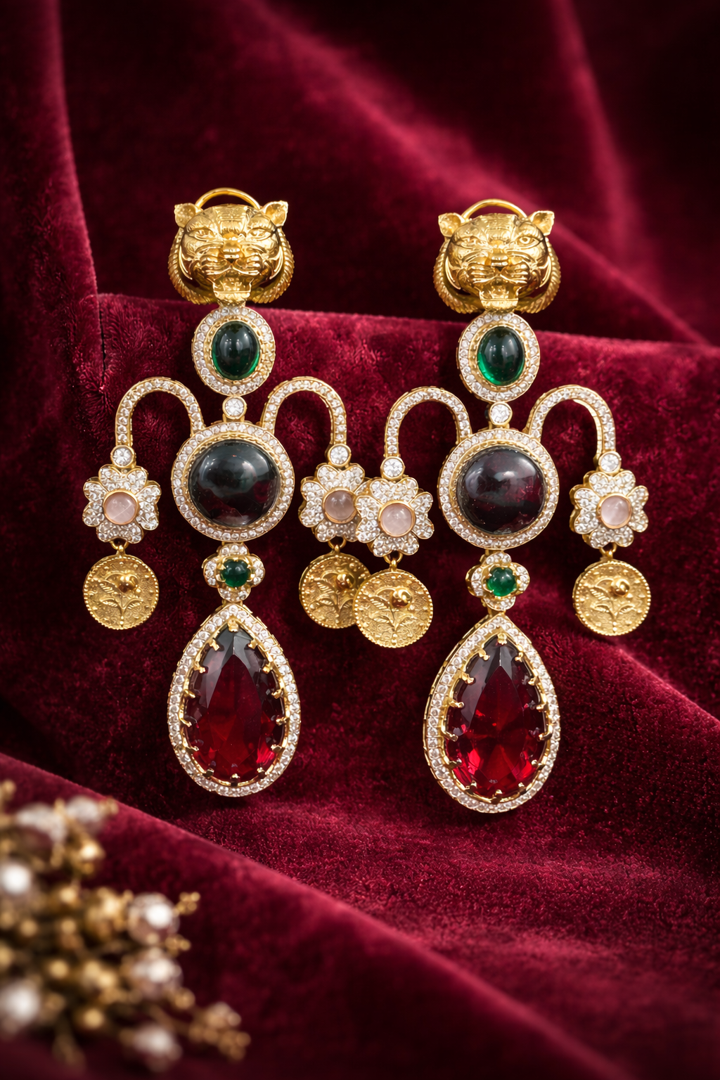 Regal Tiger Motif Statement Earrings - Deep Wine