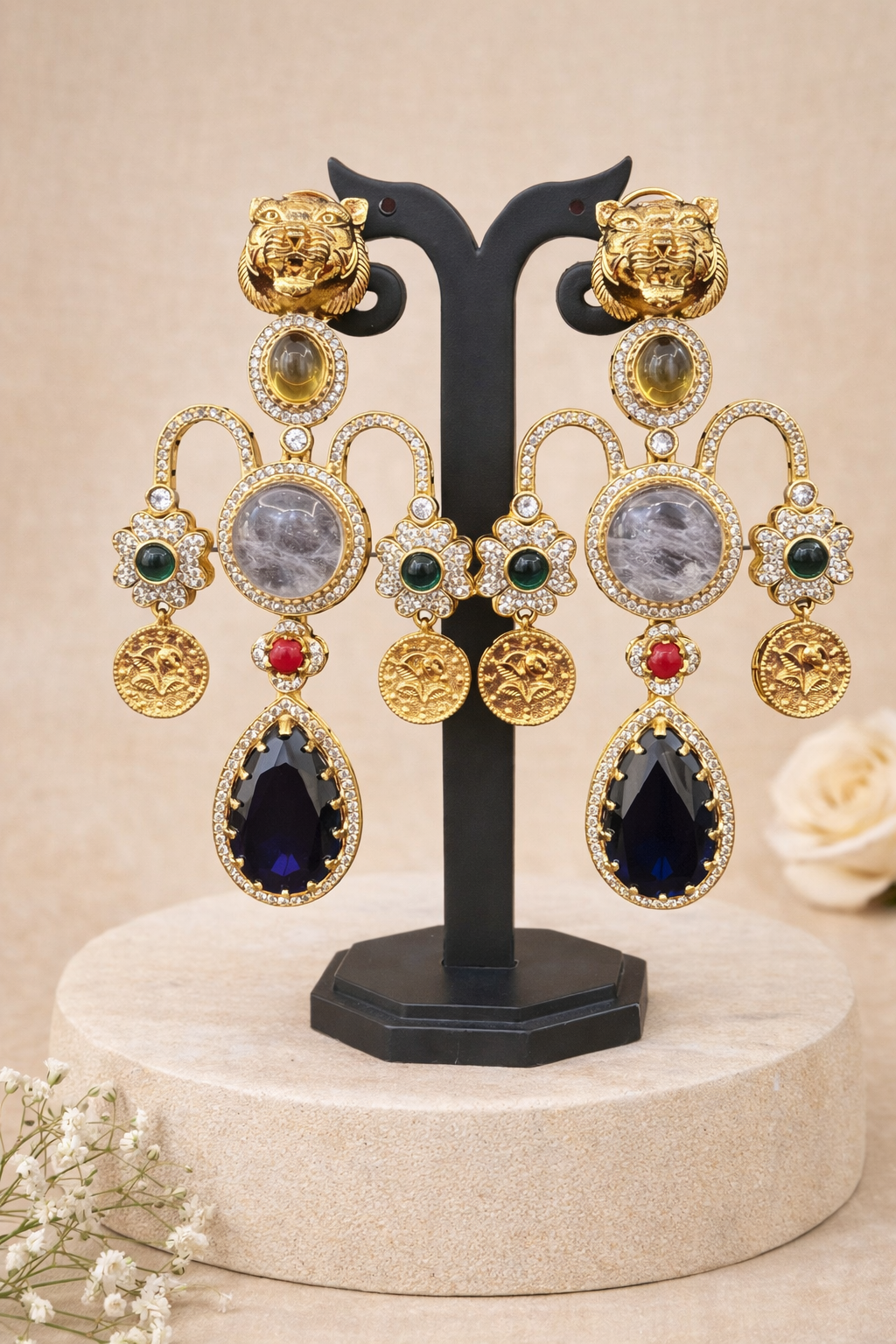 Regal Tiger Motif Statement Earrings - Royal Blue