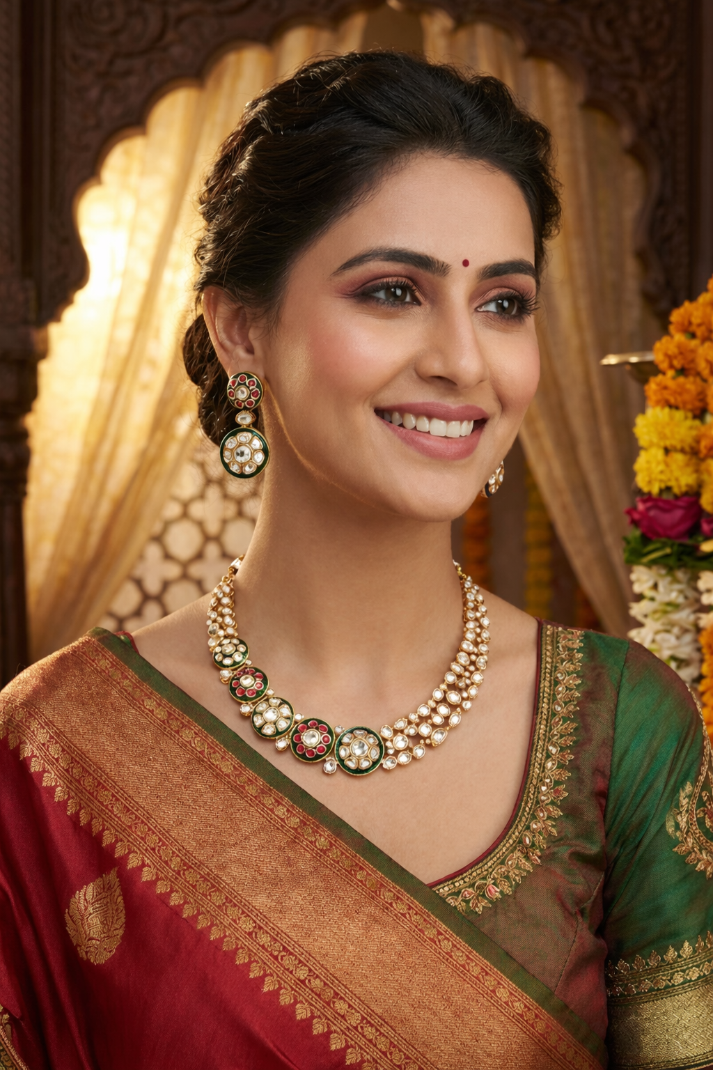 Traditional Kundan & Polki necklace  Set - Green &  Red Floral Motifs