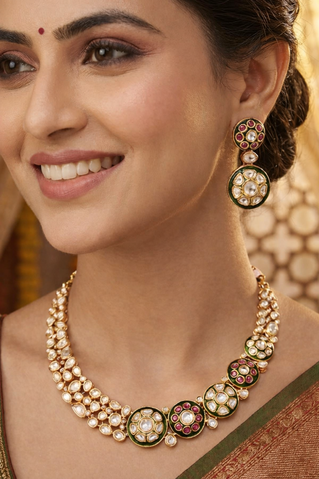 Traditional Kundan & Polki necklace  Set - Green &  Red Floral Motifs