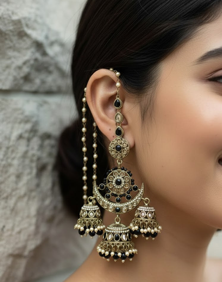 Black Chandni Triple-Layer Kaan-chain Jhumka